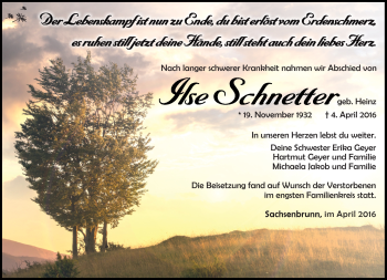 Traueranzeige von Ilse Schnetter von Südthüringer Presse