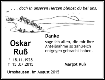 Traueranzeige von Oskar Ruß von Südthüringer Presse