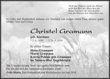 Traueranzeige von Christel Gramann von Südthüringer Presse