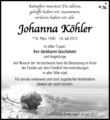 Traueranzeige von Johanna Köhler von Südthüringer Presse