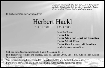 Traueranzeige von Herbert Hackl von Neue Presse Coburg