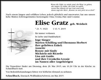 Traueranzeige von Elise Gratz von Südthüringer Presse