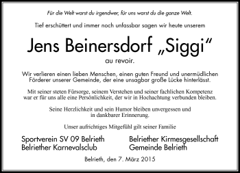 Traueranzeige von Jens Beinersdorf von Südthüringer Presse