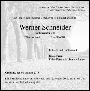Traueranzeige von Werner Schneider von Neue Presse Coburg