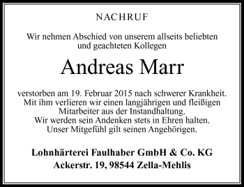 Traueranzeige von Andreas Marr von Südthüringer Presse
