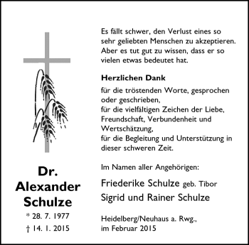 Traueranzeige von Alexander Schulze von Südthüringer Presse