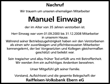 Traueranzeige von Manuel Einwag von Neue Presse Coburg