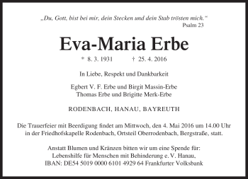 Traueranzeige von Eva-Maria Erbe von Südthüringer Presse