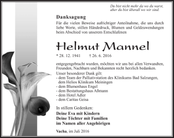 Traueranzeige von Helmut Mannel von Südthüringer Presse
