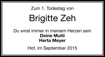 Traueranzeige von Brigitte Zeh von Frankenpost