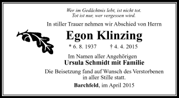 Traueranzeige von Egon Klinzing von Südthüringer Presse
