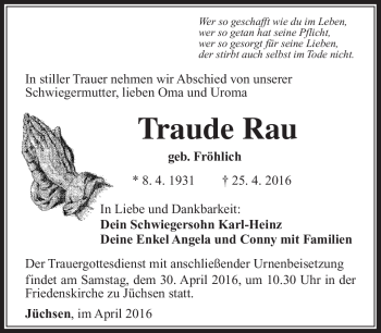 Traueranzeige von Traude Rau von Südthüringer Presse