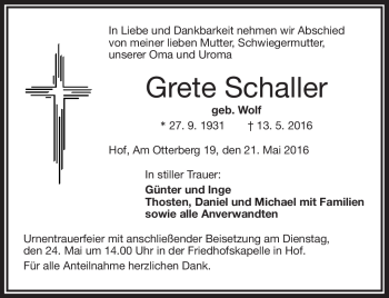 Traueranzeige von Grete Schaller von Frankenpost