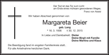 Traueranzeige von Margareta Beier von Frankenpost