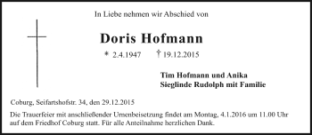 Traueranzeige von Doris Hofmann von Neue Presse Coburg