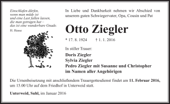 Traueranzeige von Otto Ziegler von Südthüringer Presse
