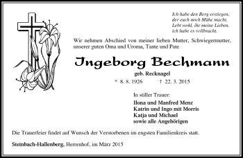 Traueranzeige von Ingeborg Bechmann von Südthüringer Presse