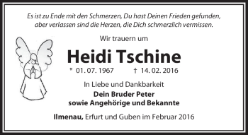 Traueranzeige von Heidi Tschine von Südthüringer Presse