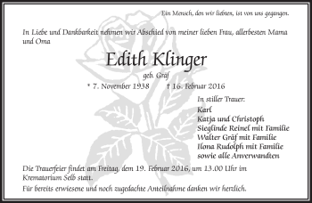 Traueranzeige von Edith Klinger von Frankenpost