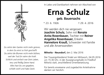 Traueranzeige von Erna Schulz von Neue Presse Coburg