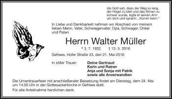 Traueranzeige von Walter Müller von Frankenpost
