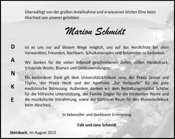 Traueranzeige von Marion Schmidt von Südthüringer Presse