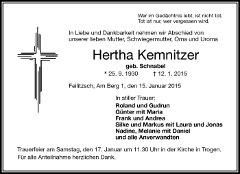 Traueranzeige von Hertha Kemnitzer von Frankenpost