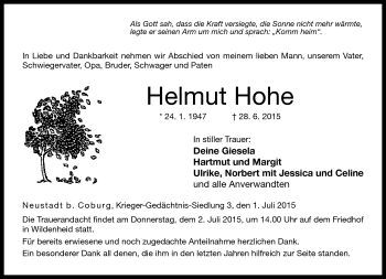 Traueranzeige von Helmut Hohe von Neue Presse Coburg