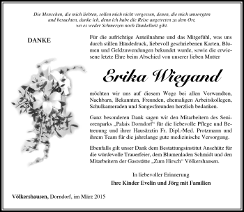 Traueranzeige von Erika Wiegand von Südthüringer Presse