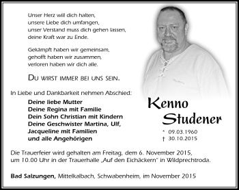 Traueranzeige von Kenno Studener von Südthüringer Presse