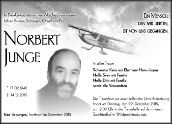 Traueranzeige von Norbert Junge von Südthüringer Presse