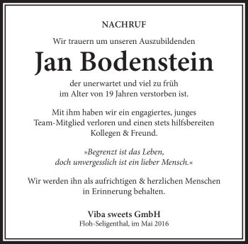 Traueranzeige von Jan Bodenstein von Südthüringer Presse