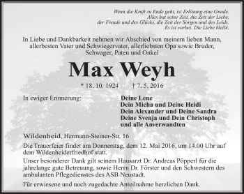 Traueranzeige von Max Weyh von Neue Presse Coburg
