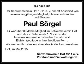 Traueranzeige von Paul Sörgel von Frankenpost