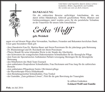 Traueranzeige von Erika Wolff von Südthüringer Presse