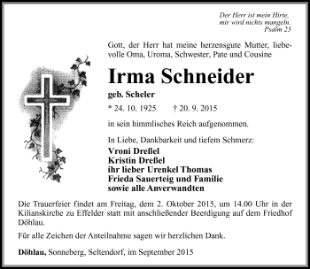 Traueranzeige von Irma Schneider von Südthüringer Presse