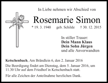 Traueranzeige von Rosemarie Simon von Neue Presse Coburg