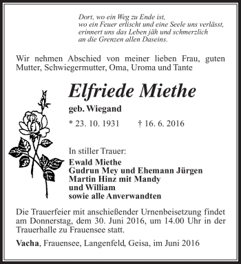 Traueranzeige von Elfriese Miethe von Südthüringer Presse