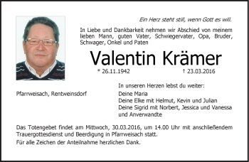 Traueranzeige von Valentin Krämer von Neue Presse Coburg