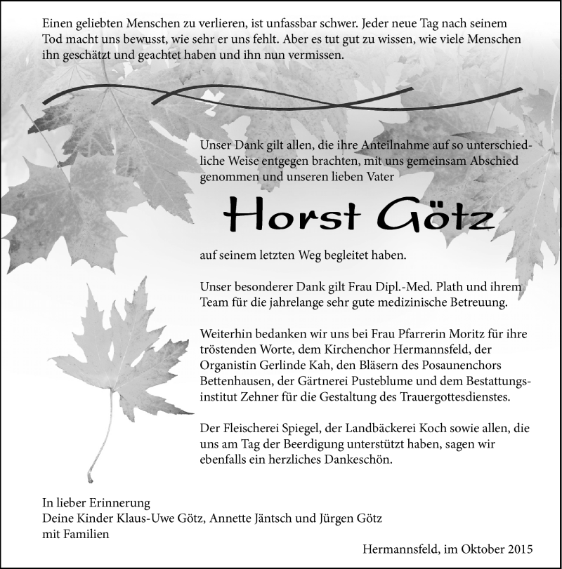  Traueranzeige für Horst Götz vom 10.10.2015 aus Südthüringer Presse