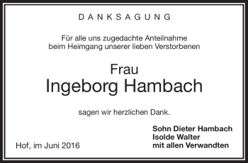 Traueranzeige von Ingeborg Hambach von Frankenpost