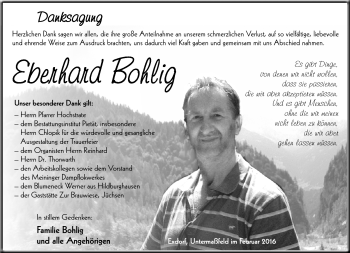 Traueranzeige von Eberhard Bohlig von Südthüringer Presse