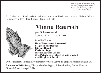 Traueranzeige von Minna Bauroth von Südthüringer Presse