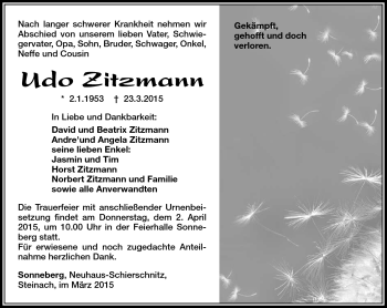 Traueranzeige von Udo Zitzmann von Südthüringer Presse