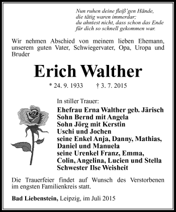 Traueranzeige von Erich Walther von Südthüringer Presse