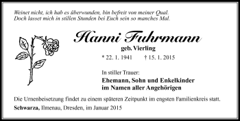 Traueranzeige von Hanni Fuhrmann von Südthüringer Presse
