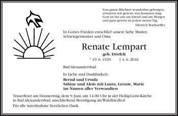 Traueranzeige von Renate Lempart von Frankenpost