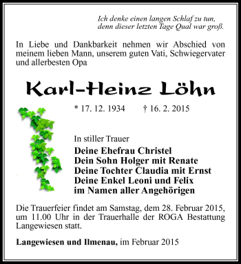 Traueranzeige von Karl-Heinz Löhn von Südthüringer Presse