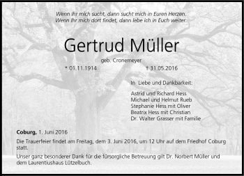 Traueranzeige von Gertrud Müller von Neue Presse Coburg