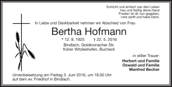 Traueranzeige von Bertha Hofmann von Frankenpost